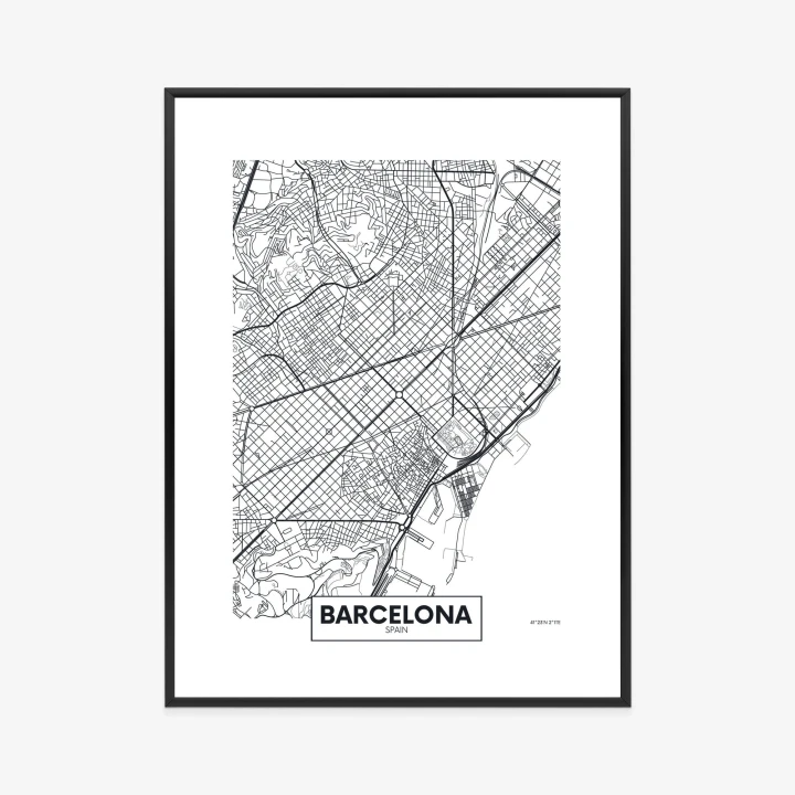 Plakat Czarno-Biała Mapa Barcelony