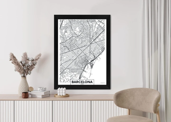 Plakat Czarno-Biała Mapa Barcelony