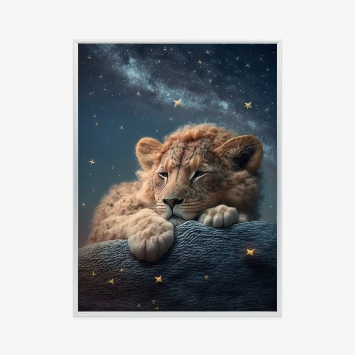 Plakat Śpiący Lew I Nocne Niebo