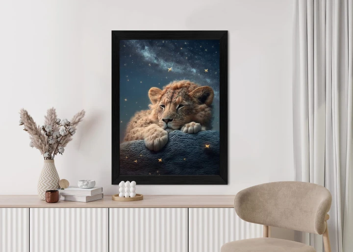 Plakat Śpiący Lew I Nocne Niebo