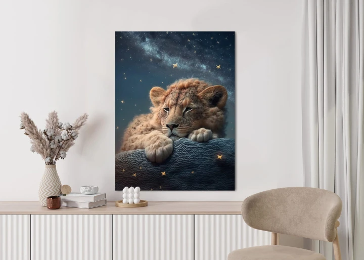 Plakat Śpiący Lew I Nocne Niebo
