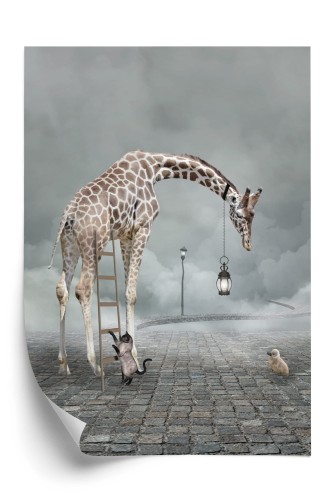Plakat Surrealistyczna Żyrafa Kot Drabina I Lampa