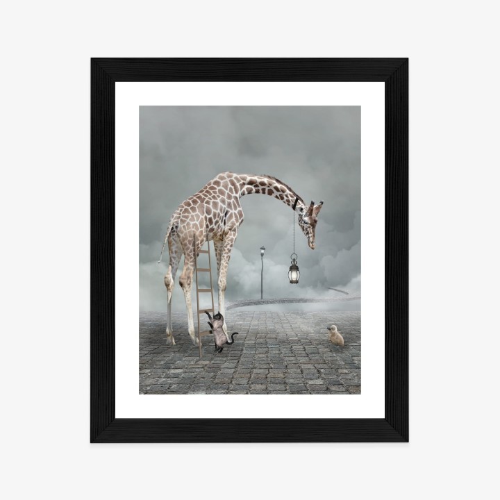Plakat Surrealistyczna Żyrafa Kot Drabina I Lampa