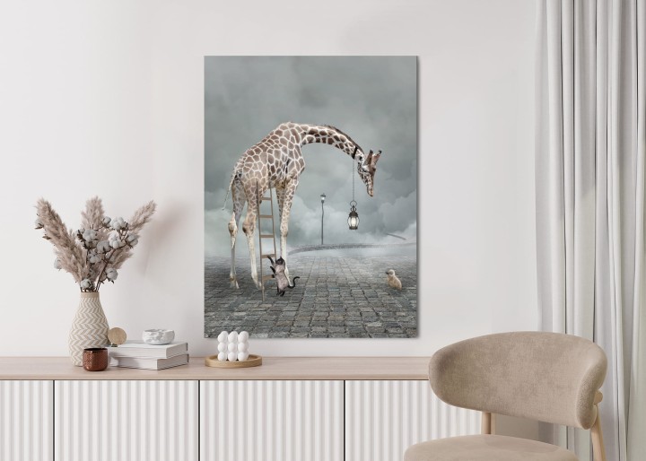 Plakat Surrealistyczna Żyrafa Kot Drabina I Lampa