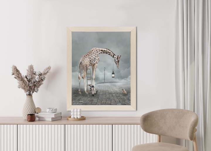Plakat Surrealistyczna Żyrafa Kot Drabina I Lampa