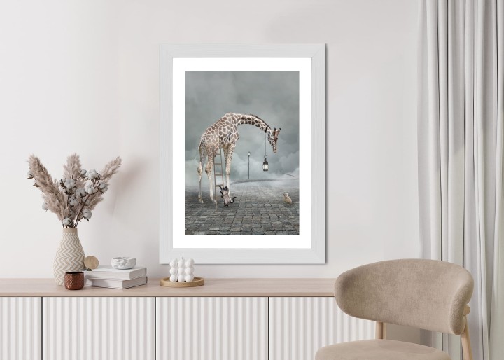 Plakat Surrealistyczna Żyrafa Kot Drabina I Lampa