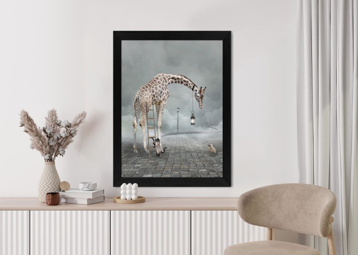Plakat Surrealistyczna Żyrafa Kot Drabina I Lampa