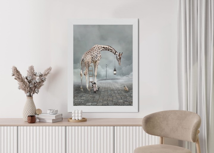 Plakat Surrealistyczna Żyrafa Kot Drabina I Lampa