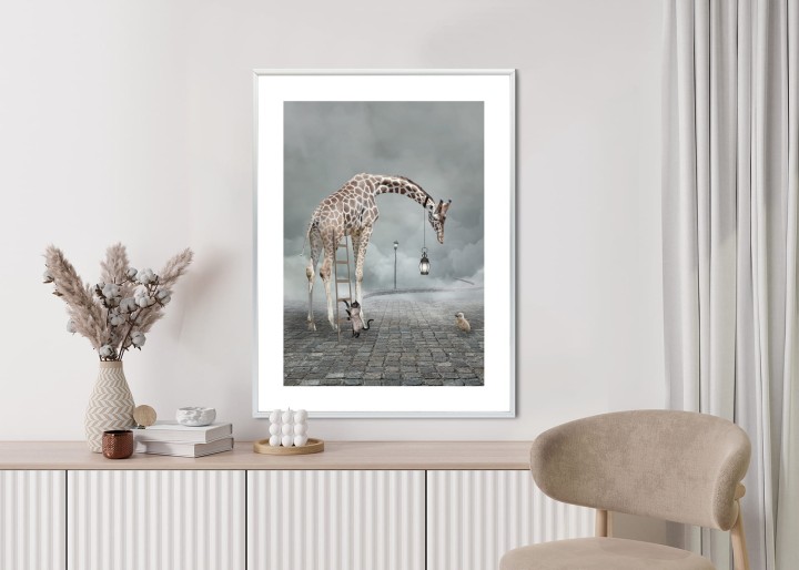 Plakat Surrealistyczna Żyrafa Kot Drabina I Lampa