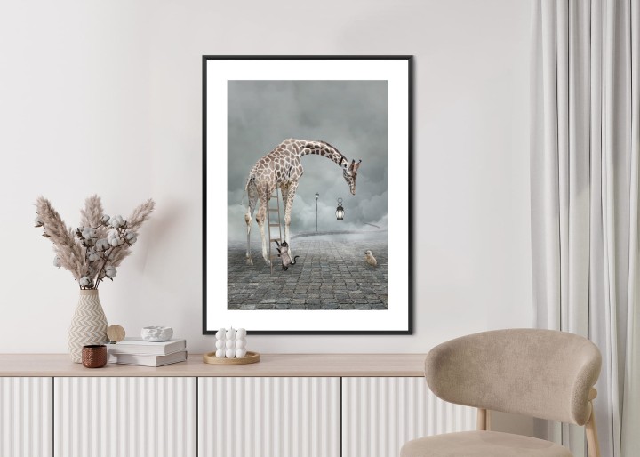 Plakat Surrealistyczna Żyrafa Kot Drabina I Lampa