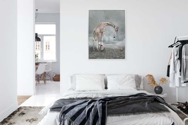 Plakat Surrealistyczna Żyrafa Kot Drabina I Lampa