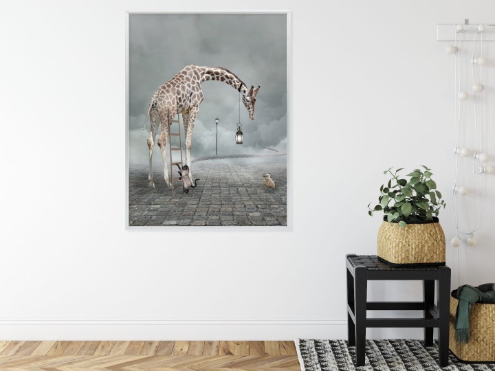 Plakat Surrealistyczna Żyrafa Kot Drabina I Lampa