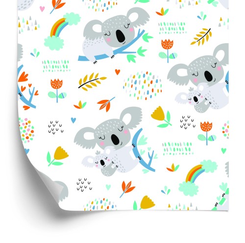 Tapeta Dla Chłopca, Koala, Tęcza, Chmury, Kwiaty