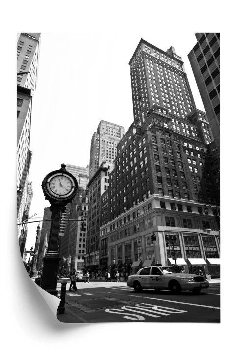 Plakat Czarno Biały Zegar I Taksówka Na Ulicy Nowego Jorku