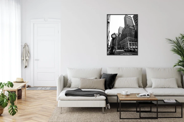 Plakat Czarno Biały Zegar I Taksówka Na Ulicy Nowego Jorku