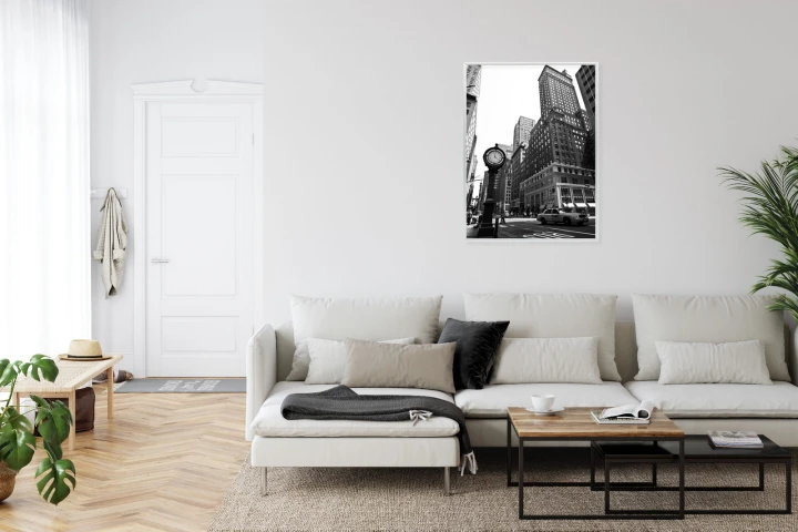 Plakat Czarno Biały Zegar I Taksówka Na Ulicy Nowego Jorku