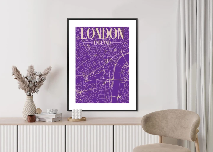 Plakat Centrum Londynu Na Fioletowej Mapie