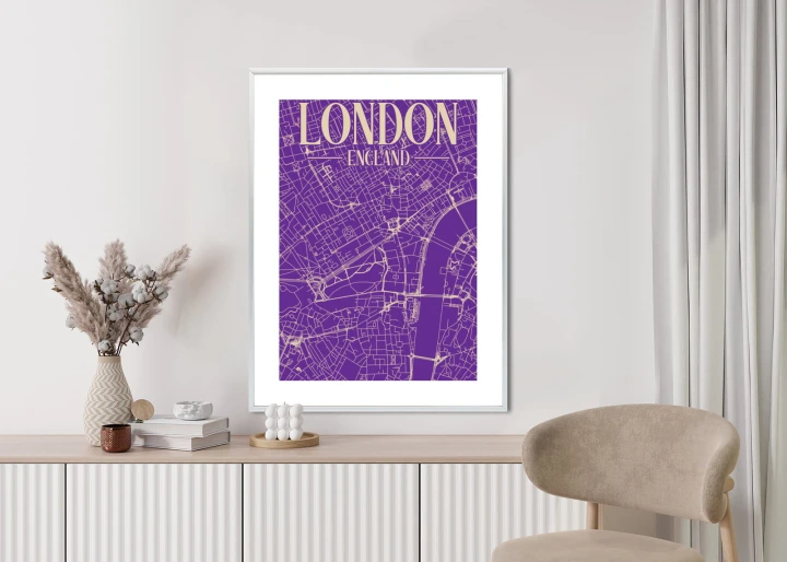 Plakat Centrum Londynu Na Fioletowej Mapie