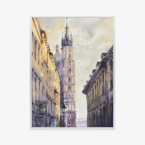 Plakat Florianska Street In Old Town, Kracow, Poland With Miariacki Church In Background.picture Created With Watercolors.