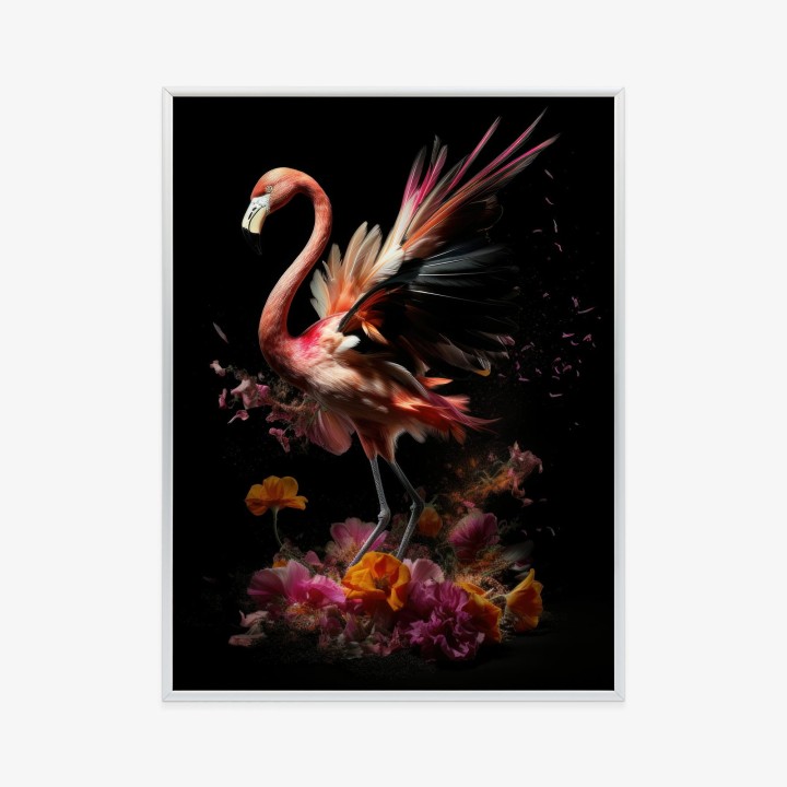 Plakat Flaming Z Kwiatami Na Surrealistycznej Ilustracji