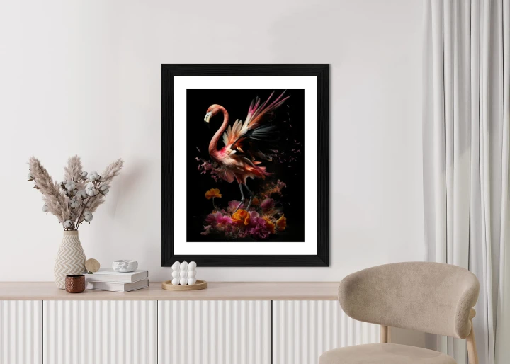 Plakat Flaming Z Kwiatami Na Surrealistycznej Ilustracji