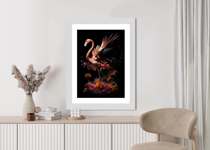 Plakat Flaming Z Kwiatami Na Surrealistycznej Ilustracji