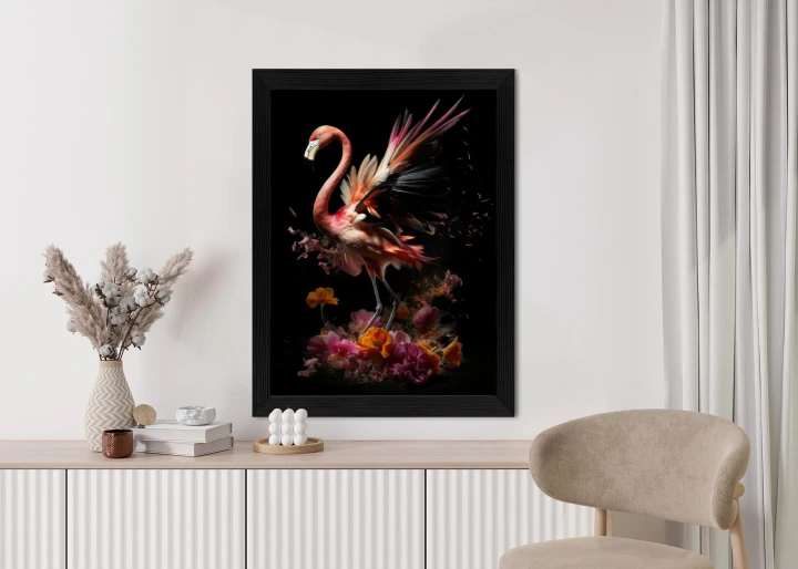 Plakat Flaming Z Kwiatami Na Surrealistycznej Ilustracji
