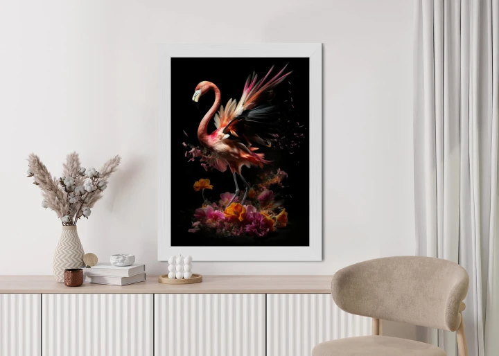Plakat Flaming Z Kwiatami Na Surrealistycznej Ilustracji