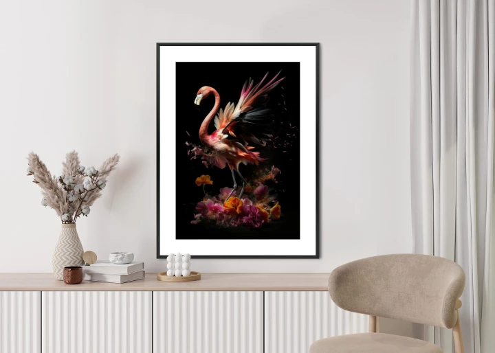 Plakat Flaming Z Kwiatami Na Surrealistycznej Ilustracji