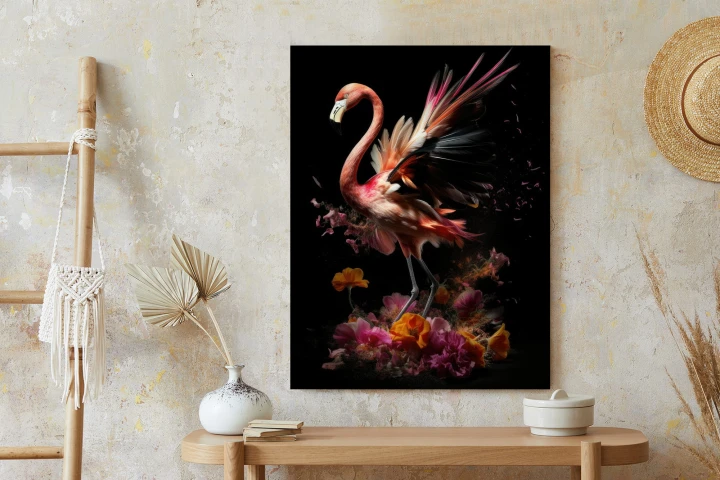 Plakat Flaming Z Kwiatami Na Surrealistycznej Ilustracji