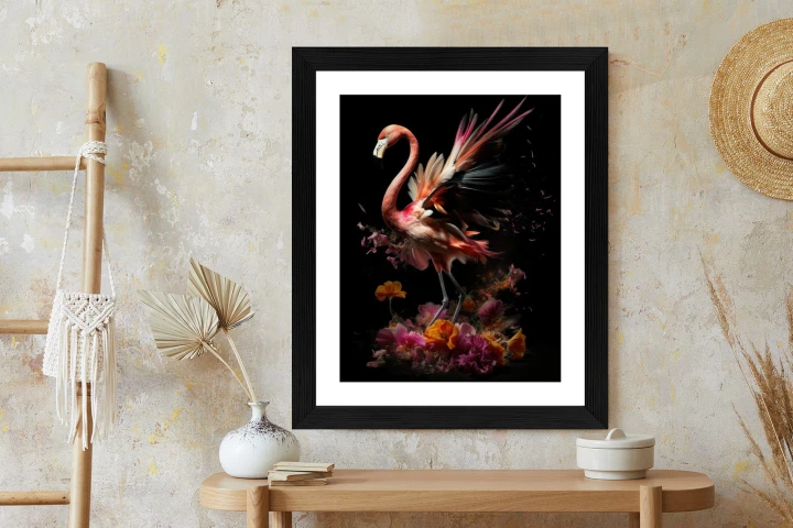 Plakat Flaming Z Kwiatami Na Surrealistycznej Ilustracji