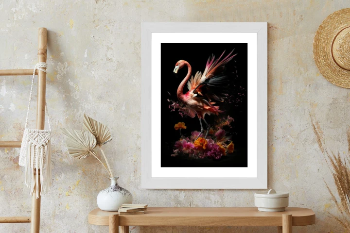 Plakat Flaming Z Kwiatami Na Surrealistycznej Ilustracji