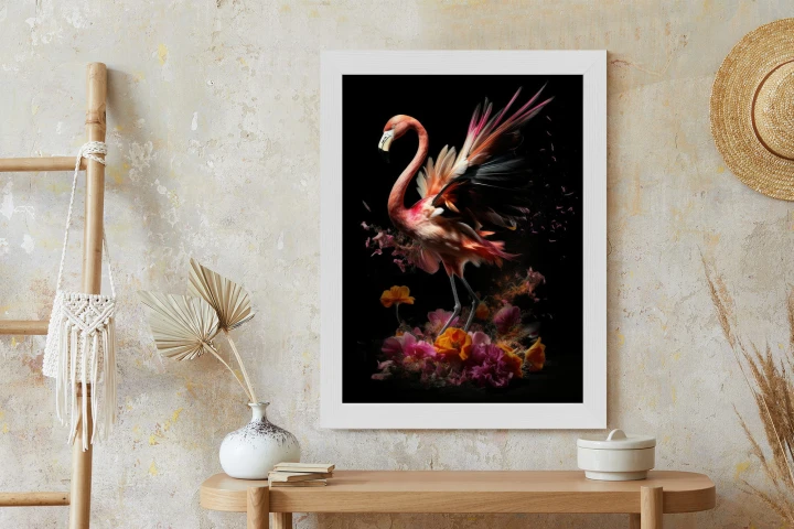 Plakat Flaming Z Kwiatami Na Surrealistycznej Ilustracji