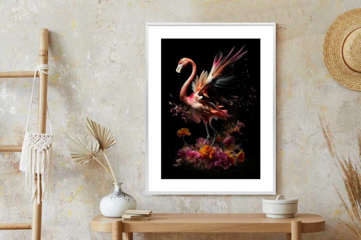 Plakat Flaming Z Kwiatami Na Surrealistycznej Ilustracji