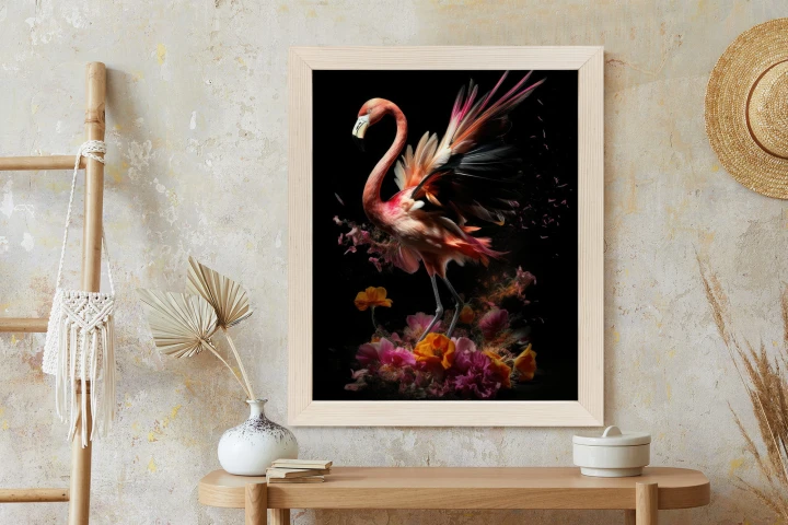 Plakat Flaming Z Kwiatami Na Surrealistycznej Ilustracji