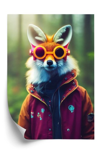 Plakat Portrait Of A Fox Wearing A Cyberpunk Headset, Neon Virtual Glasses, And Cyberpunk Gear. High-Tech Fox. The Concept Of Virtual Reality And Cyberpunk. 3D Rendering.