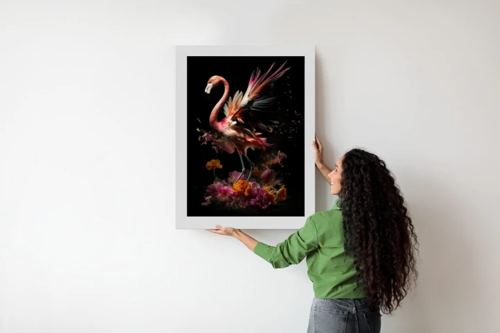 Plakat Flaming Z Kwiatami Na Surrealistycznej Ilustracji