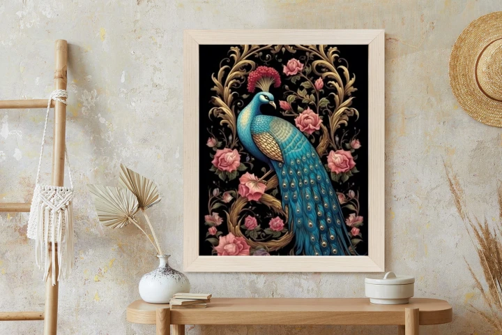 Plakat Egzotyczny Orientalny Wzór Z Pawiem I Roślinami Botanicznymi