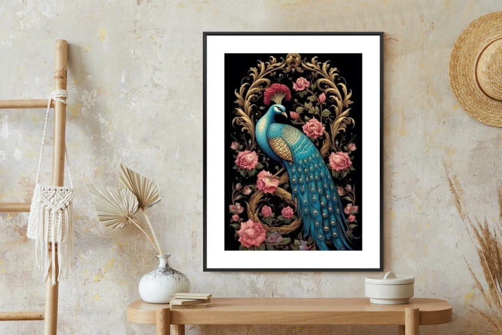 Plakat Egzotyczny Orientalny Wzór Z Pawiem I Roślinami Botanicznymi