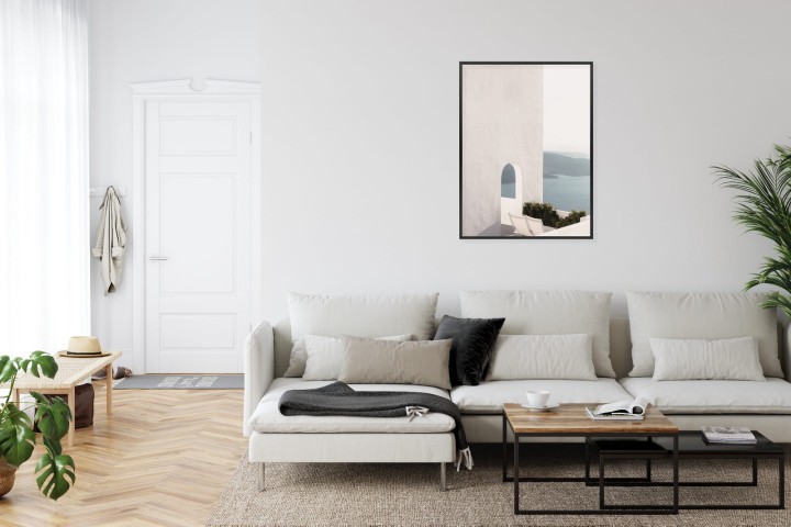 Plakat Biała Architektura Na Santorini Z Widokiem Na Morze