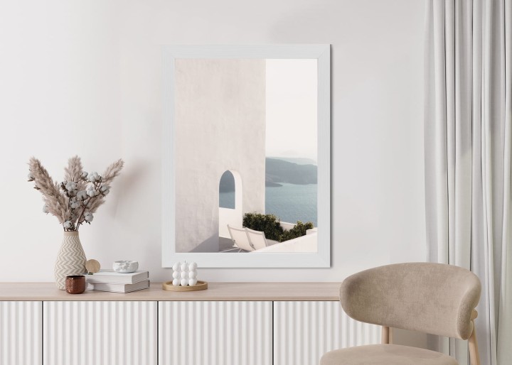 Plakat Biała Architektura Na Santorini Z Widokiem Na Morze