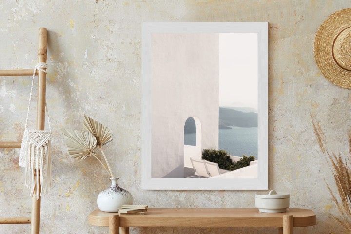 Plakat Biała Architektura Na Santorini Z Widokiem Na Morze