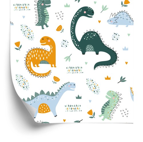 Tapeta Do Pokoju Dziecka Dinozaury, Liście, Kwiaty