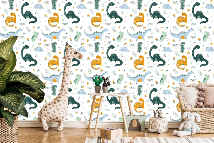 Tapeta Do Pokoju Dziecka Dinozaury, Liście, Kwiaty