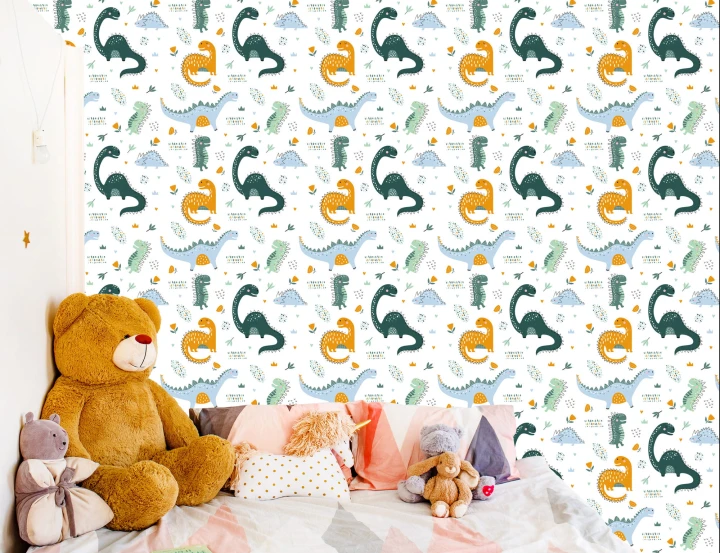 Tapeta Do Pokoju Dziecka Dinozaury, Liście, Kwiaty