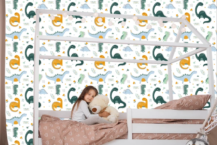 Tapeta Do Pokoju Dziecka Dinozaury, Liście, Kwiaty