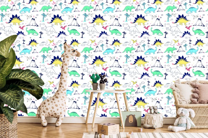 Tapeta Dla Dzieci, Dinozaury Palmy Wulkan