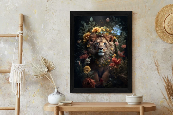 Plakat Portret Lwa Wśród Kwiatów
