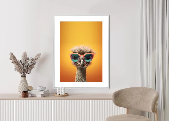 Plakat Struś Na Żółtym Tle W Okularach