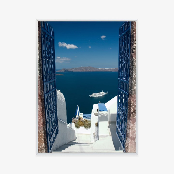 Plakat Santorini Niebieska Brama Z Widokiem Na Morze